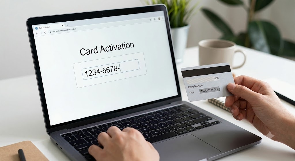 Step-by-step visual guide for activating a gift card number '1234-5678-' on a laptop.