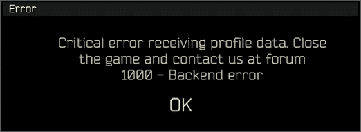 Screenshot of the Escape from Tarkov main menu displaying the critical Error 1000 - Backend error message dialogue box