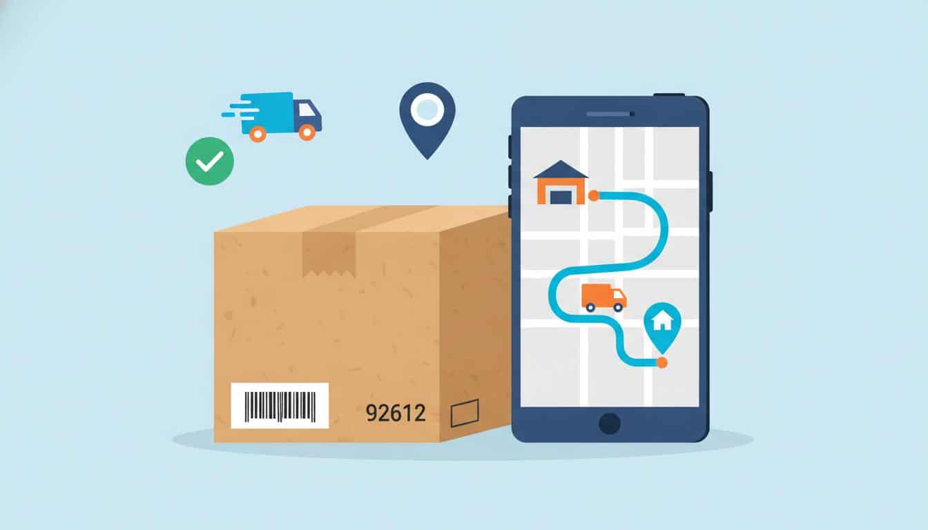 A cardboard package with a 92612 tracking number label next to a smartphone displaying a delivery tracking map with truck and location icons