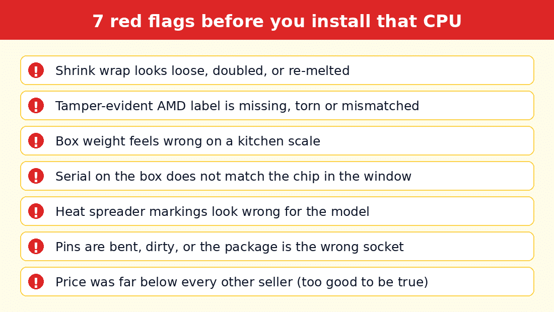 Checklist of seven red flags for a swapped CPU before installing