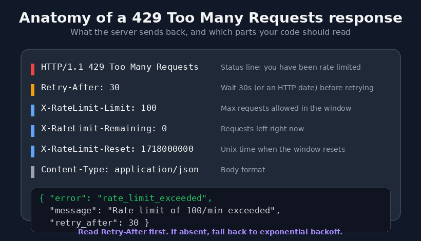 Anatomy of a 429 too many requests HTTP response showing the status line, Retry-After header, X-RateLimit headers, and JSON error body