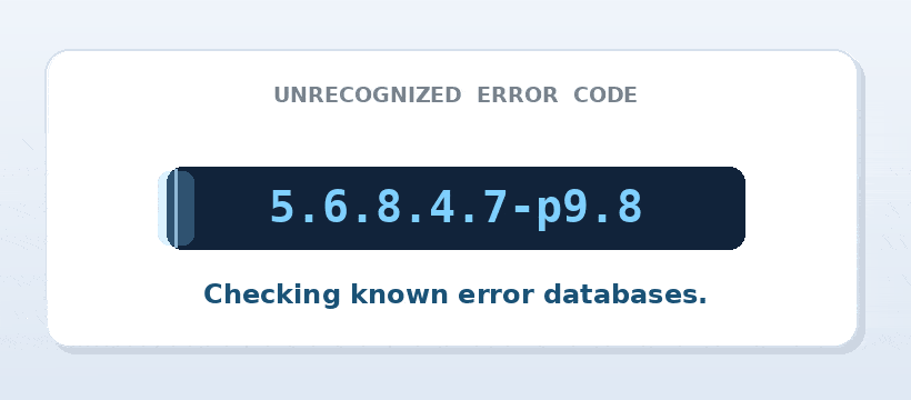 Comparison graphic showing real error code formats like HTTP 404, SMTP 5.7.1 and Windows 0x80070005 next to the fake 5.6.8.4.7-p9.8