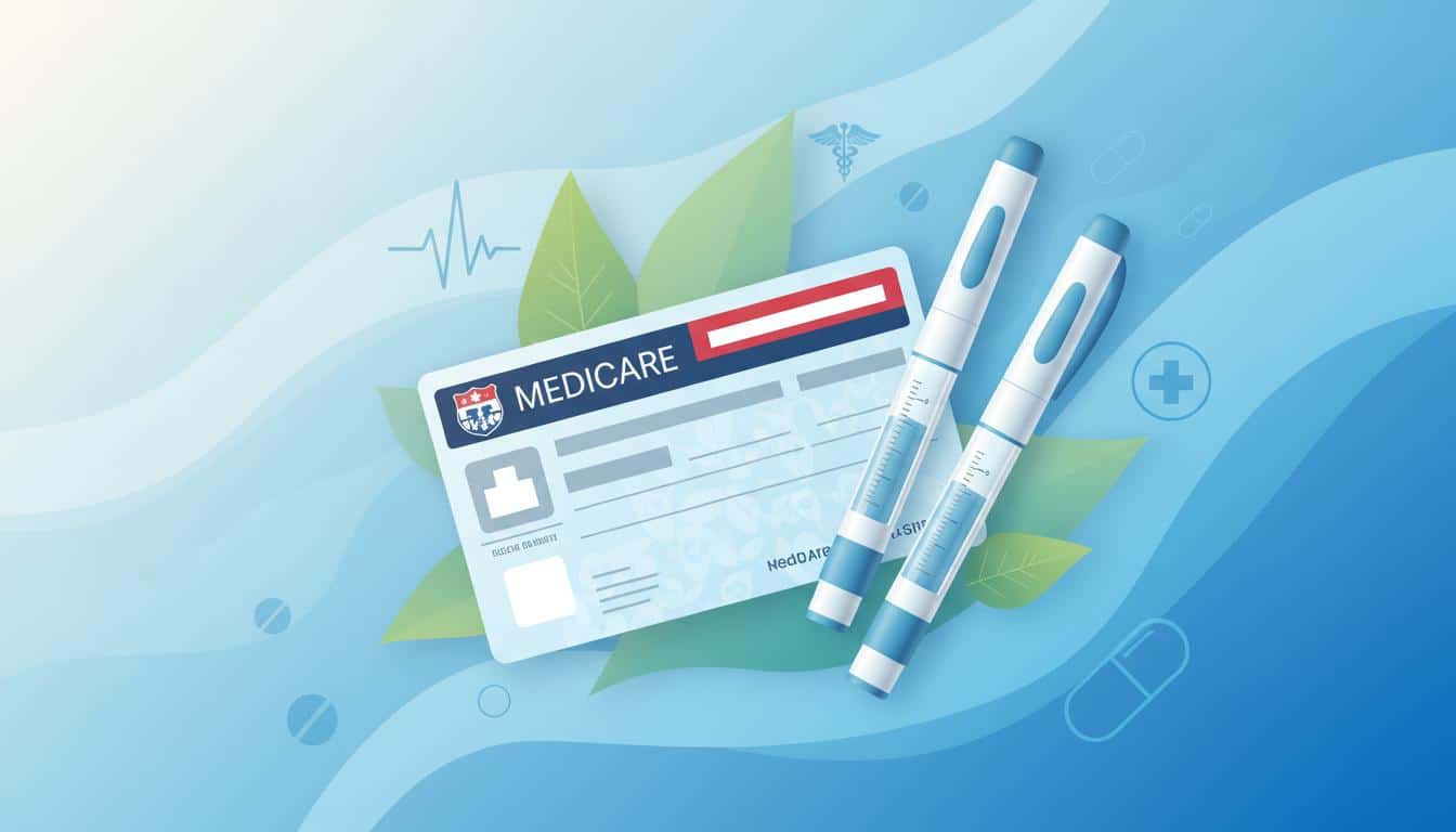 Medicare card with GLP-1 medication pen injectors on blue healthcare background