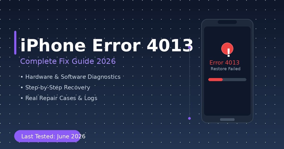 iPhone Error 4013 - Restore Failed screen showing error code 4013 on iTunes with repair technician workspace