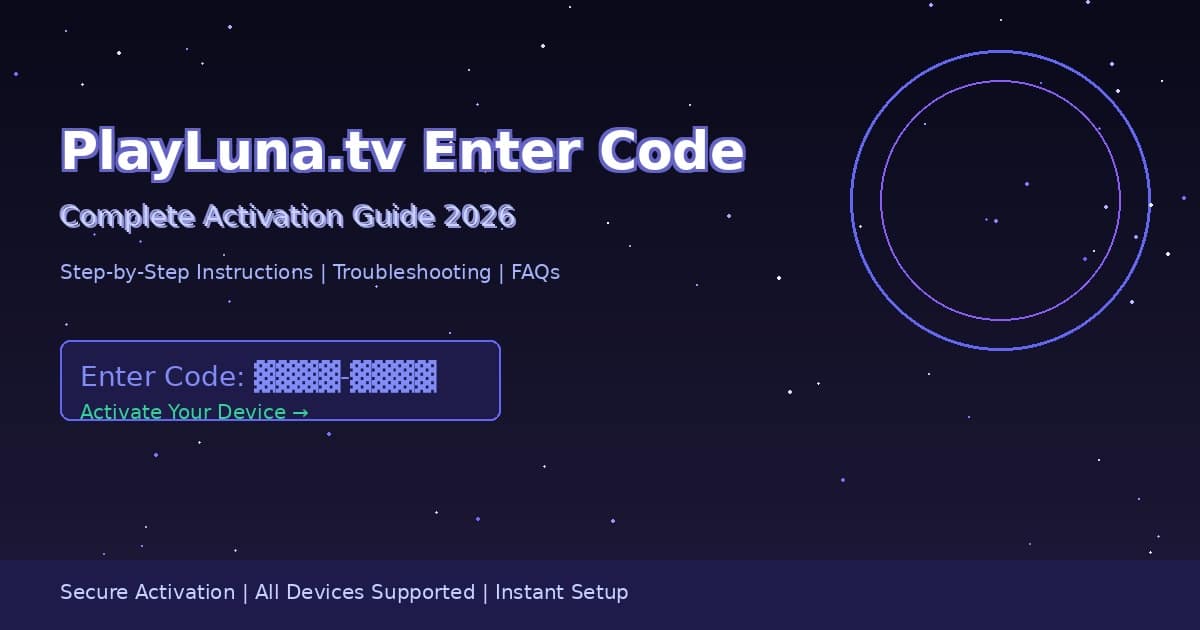 PlayLuna.tv enter code activation guide showing step by step process on multiple devices