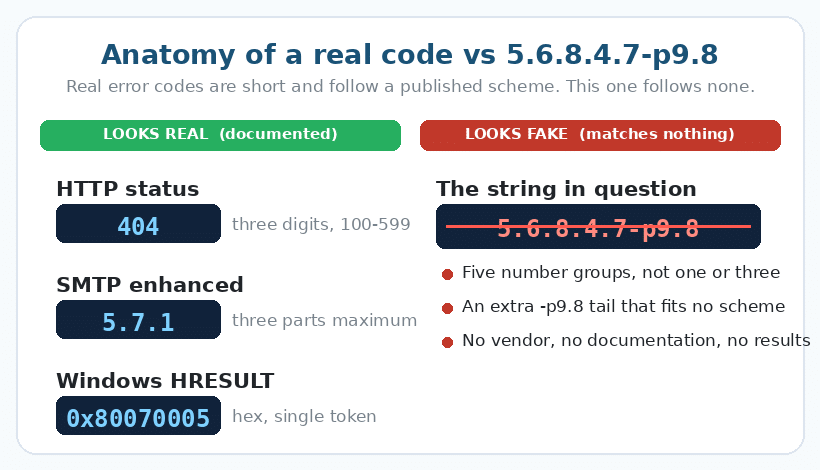 Animated check showing error code 5.6.8.4.7-p9.8 returning no match in known error databases