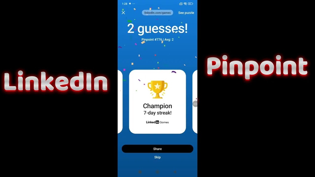 Smartphone showing the LinkedIn Pinpoint puzzle game solution for July 28, 2026