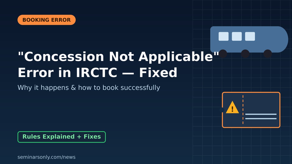Concession Not Applicable Error in IRCTC — Fixed Concession not applicable error in IRCTC — train silhouette and warning ticket graphic