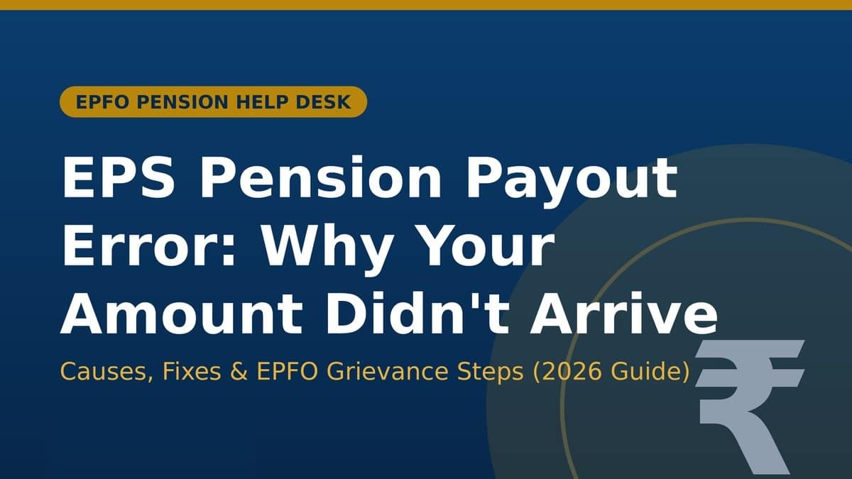 EPS pension payout error fix guide showing a rupee coin icon on a blue and amber banner
