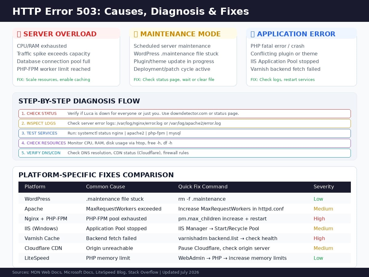 HTTP Error 503 causes diagnosis and fixes comparison chart showing server overload, maintenance mode, and application errors with platform-specific solutions