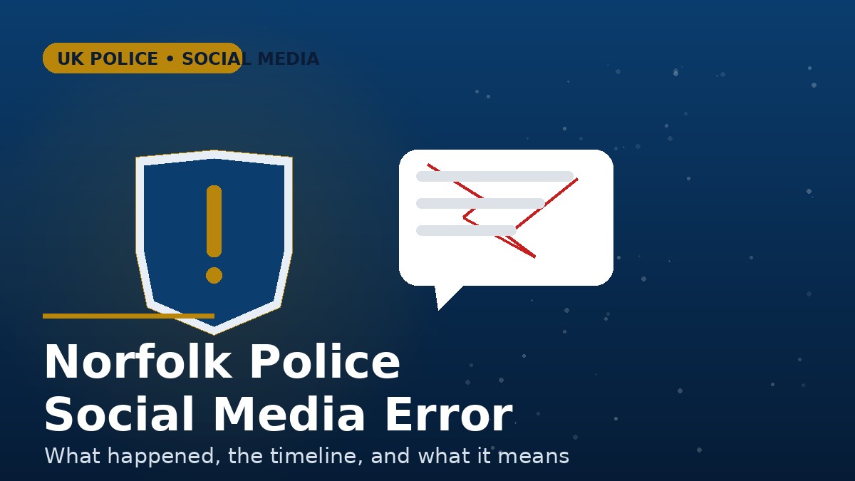 Illustration of a police shield badge beside a cracked social media speech bubble representing the Norfolk Police social media error