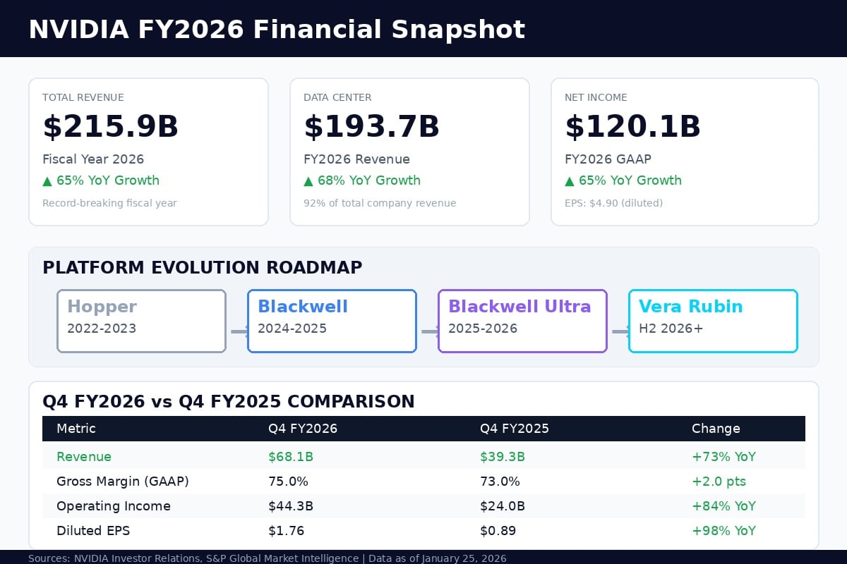 NVIDIA FY2026 financial snapshot showing $215.9B total revenue, $193.7B data center revenue, and platform evolution from Hopper to Vera Rubin