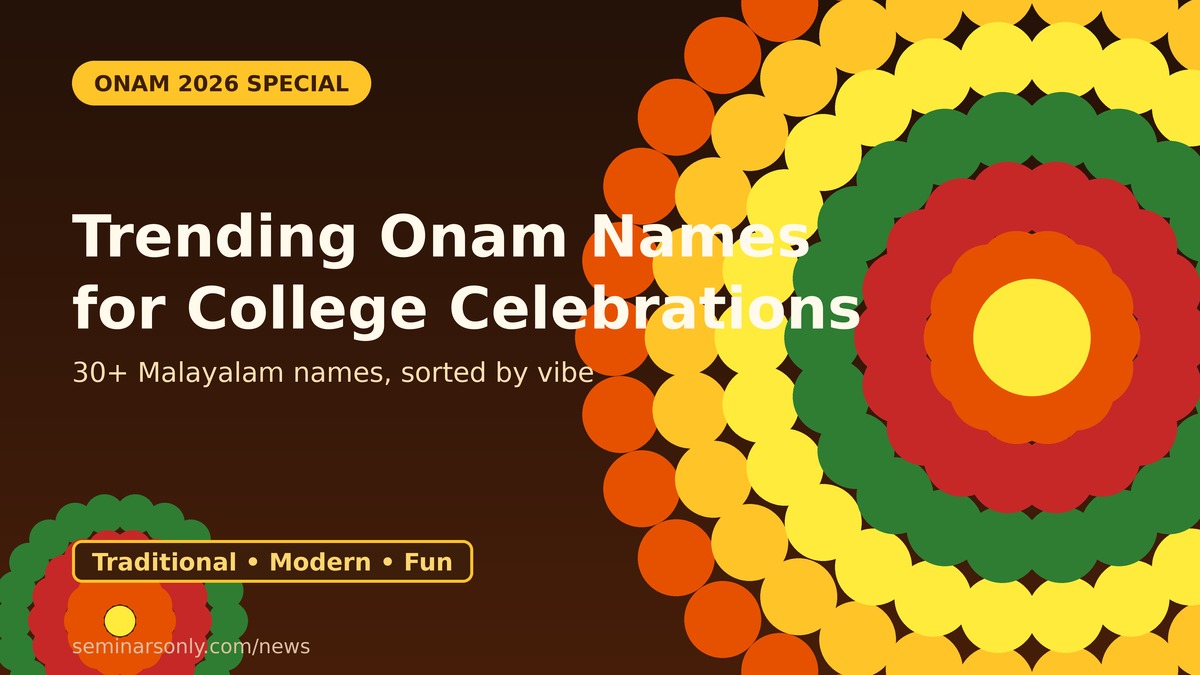 Trending Onam Names for College Celebration Malayalam 2026 Trending Onam names for college celebrations 2026 — decorative pookalam flower design