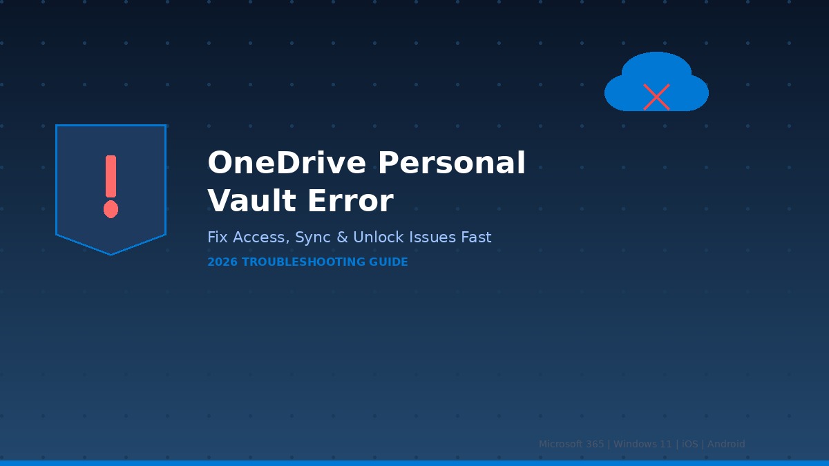 OneDrive Personal Vault Error - Shield icon with warning symbol and cloud storage error graphic on dark blue background, 2026 troubleshooting guide