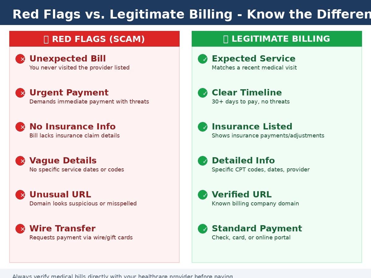 Infographic comparing red flags of scam medical bills versus legitimate billing practices
