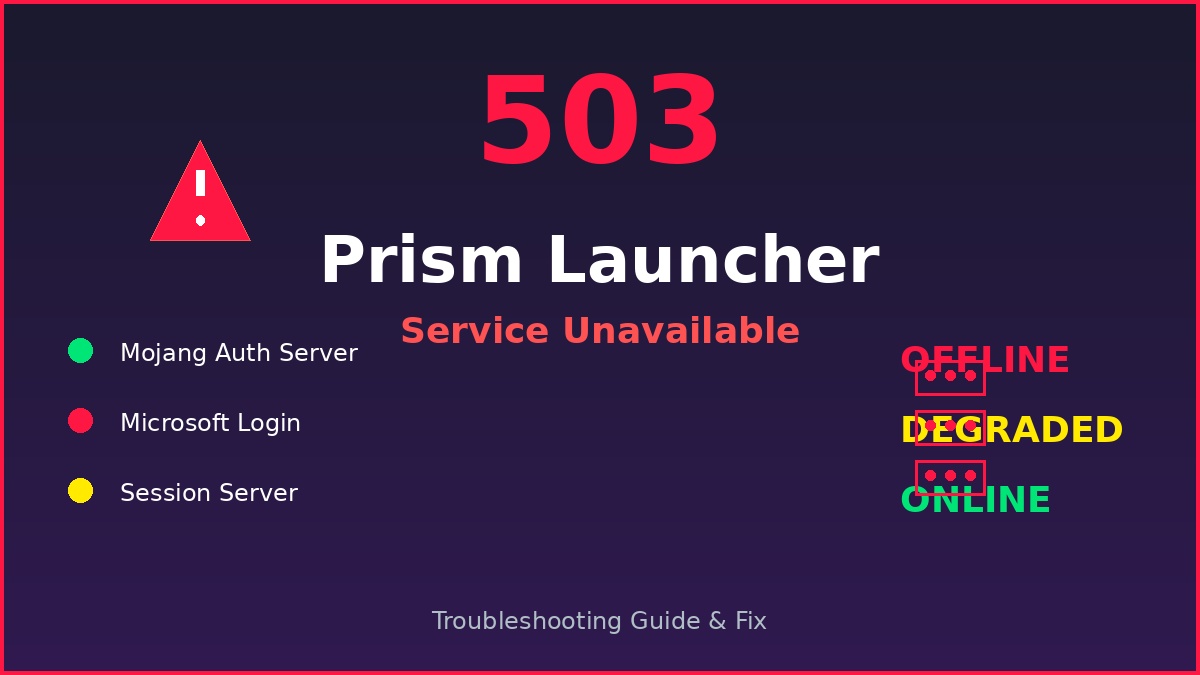 Prism Launcher Error 503 - Complete Fix Guide Prism Launcher Error 503 Service Unavailable troubleshooting guide showing server status indicators and fix steps
