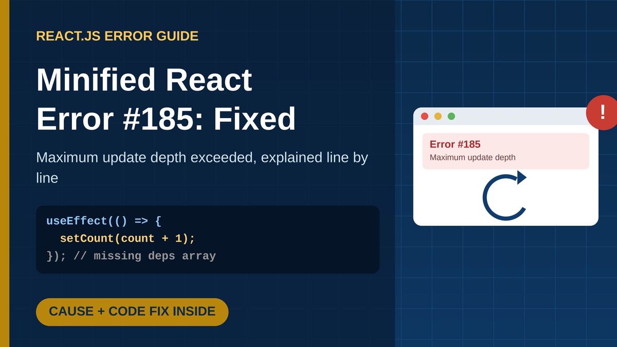 Browser console showing minified React error 185 maximum update depth exceeded with infinite loop icon