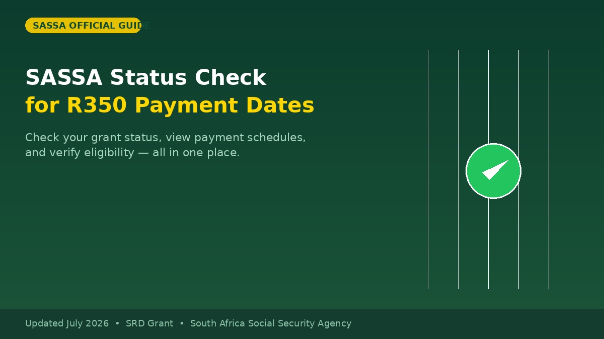 SASSA status check for R350 payment dates - official 2026 guide with green checkmark badge