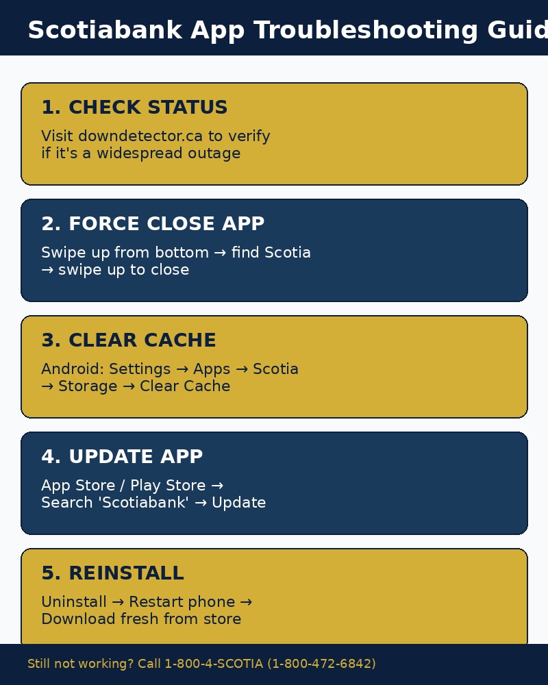 Scotiabank app troubleshooting infographic showing 5 steps: check status, force close, clear cache, update app, and reinstall