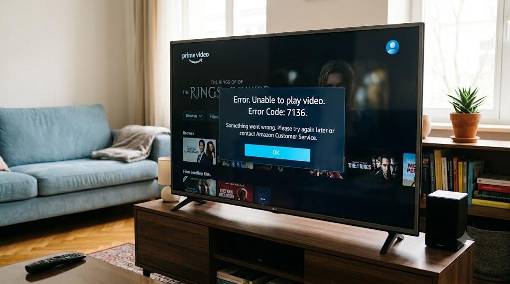 A television screen displaying Amazon Prime Video Error Code 7136 with a message stating unable to play video