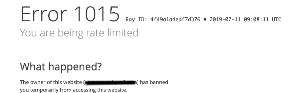 Screenshot of the Cloudflare Error 1015: You are being rate limited page