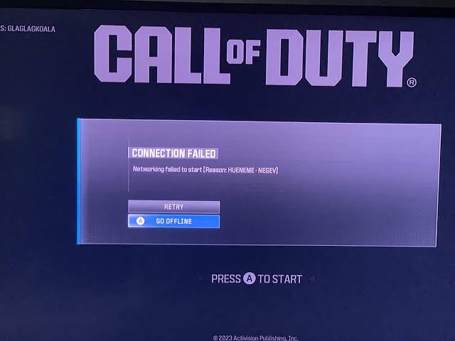 Call of Duty connection failed screen displaying Reason: HUENEME - NEGEV