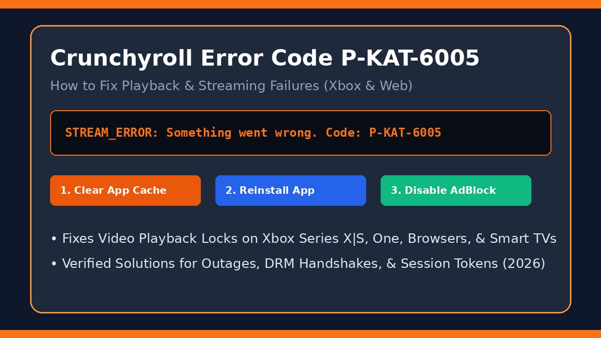 How to Fix Crunchyroll Error Code P-KAT-6005 troubleshooting guide showing Xbox app cache clear and web browser playback fixes