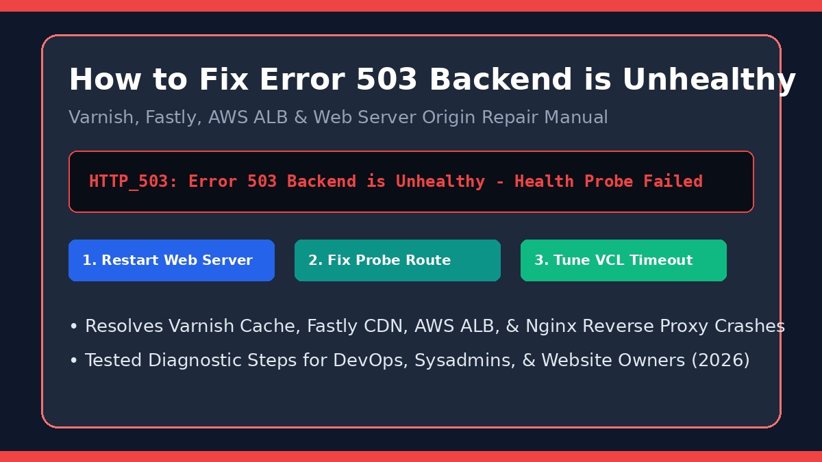 How to Fix Error 503 Backend is Unhealthy step by step guide showing Varnish, Fastly CDN, AWS load balancer, and web server origin troubleshooting