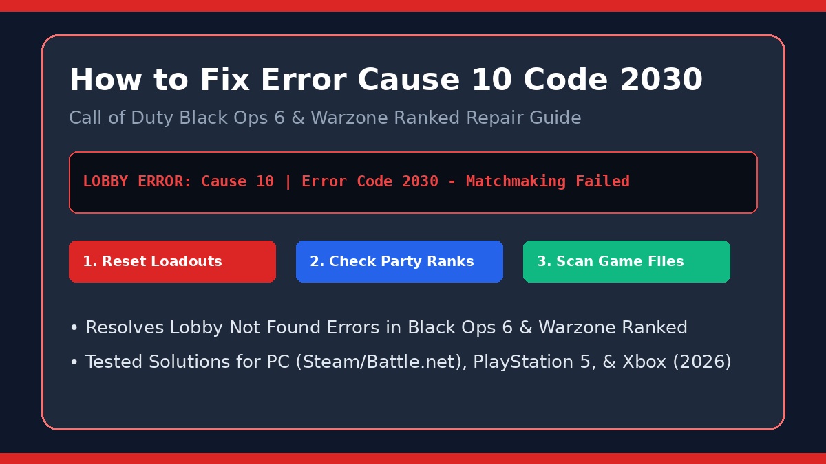 How to Fix Error Cause 10 Error Code 2030 guide showing Call of Duty Black Ops 6 and Warzone Ranked lobby error solutions