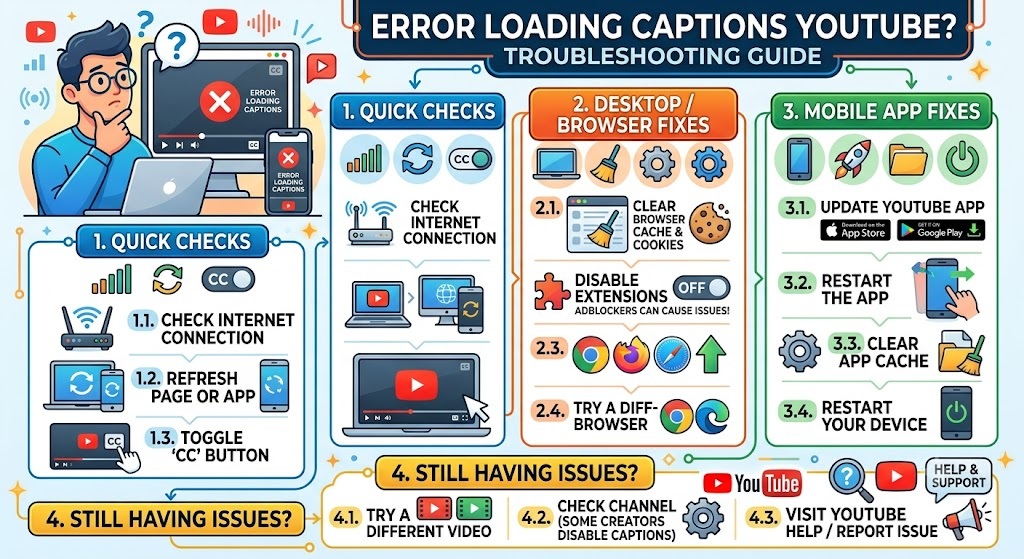 Screenshot showing the Error Loading Captions message at the bottom of a YouTube video player