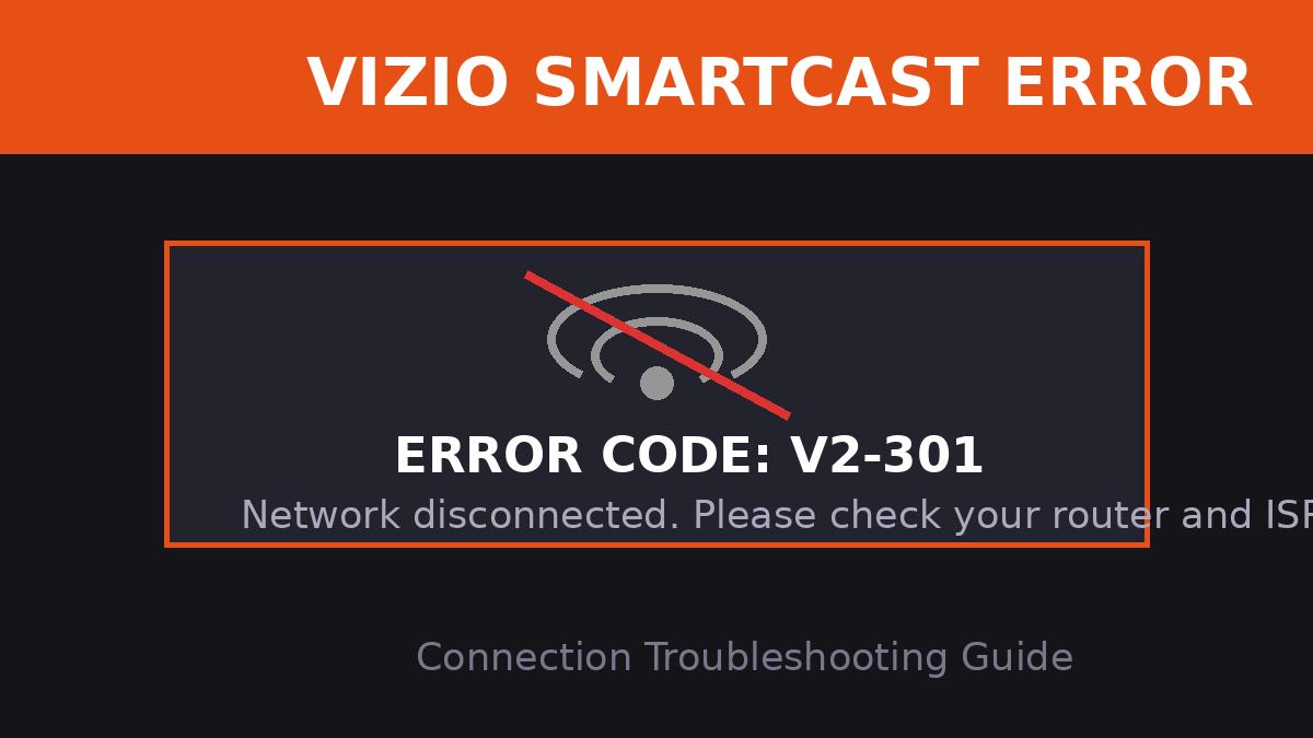 Vizio SmartCast TV displaying error code V2-301 indicating a network disconnection