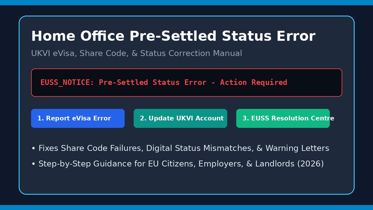 Home Office pre-settled status error correction guide showing UKVI eVisa share code fixes and EU Settlement Scheme legal steps