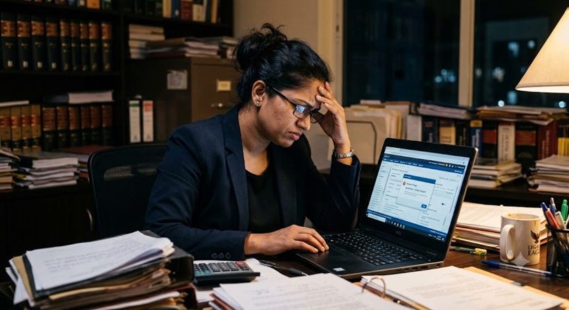 Frustrated lawyer staring at a laptop screen in a law library