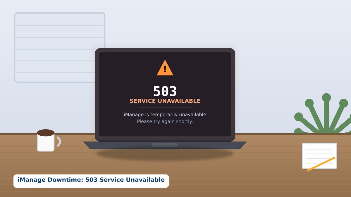 Laptop displaying a 503 service unavailable server error, representing iManage downtime in a professional setting