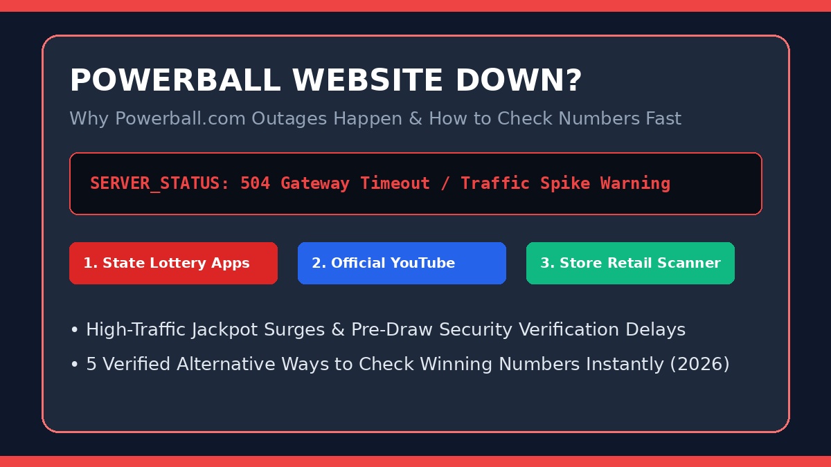 Powerball website down guide showing server status outage, drawing delay explanation, and alternative ways to check winning numbers