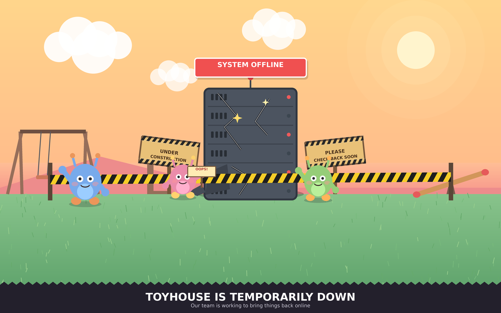 A stylized illustration of characters in an art playground with 'under construction' signs, in front of a broken server block with text 'TOYHOUSE IS TEMPORARILY DOWN'