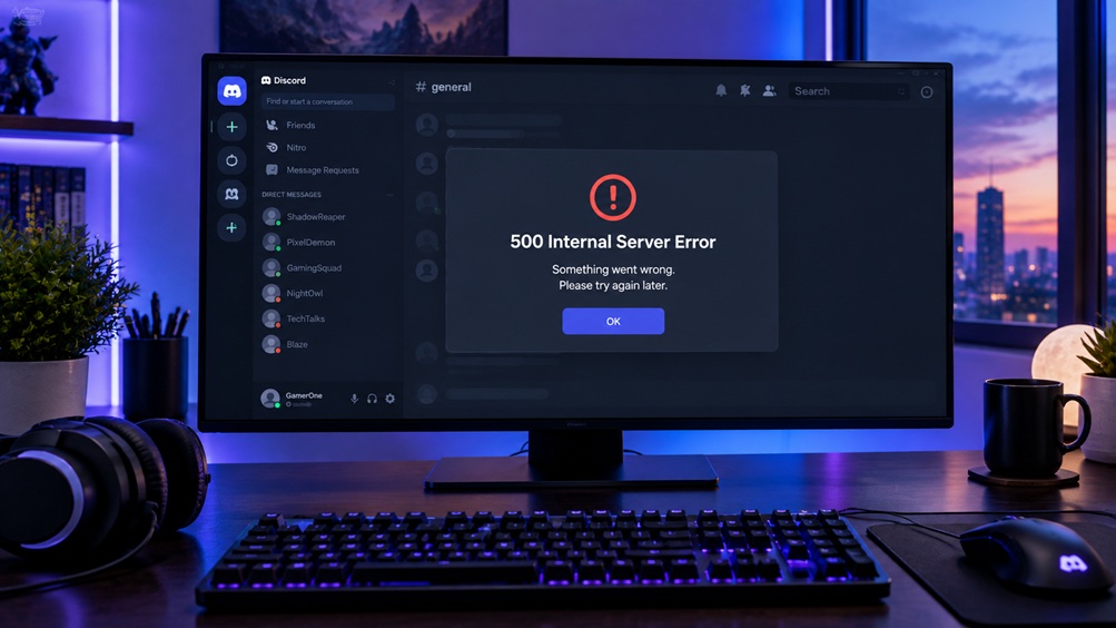Computer monitor displaying the Discord application with a 500 Internal Server Error message.