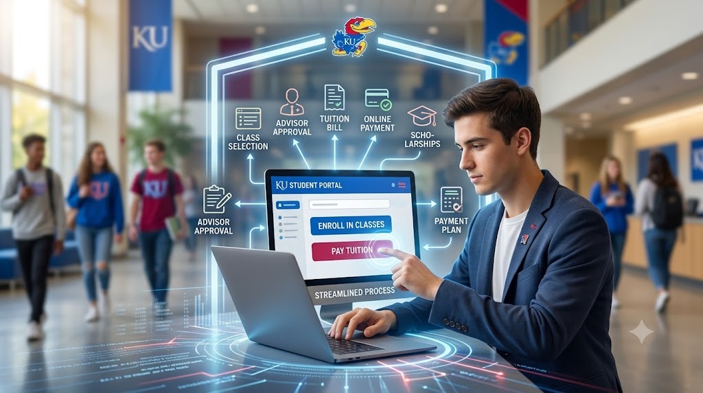 University of Kansas (KU) 'Enroll and Pay' process, illustrating streamlined student portal workflow with icons for registration and secure payment.