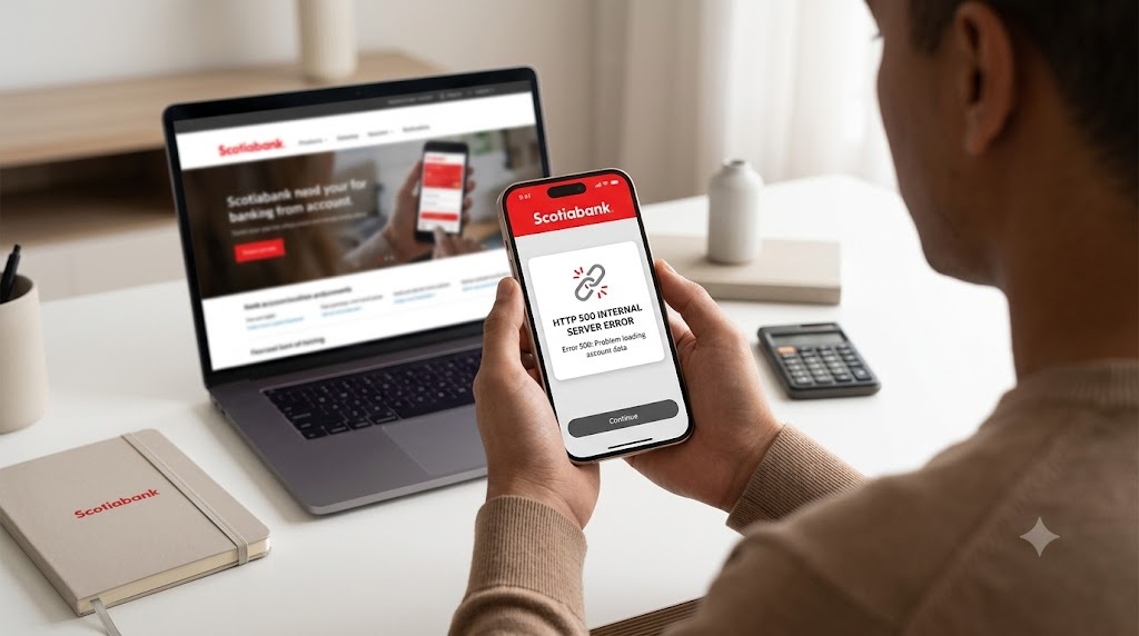 Person holding smartphone displaying Scotiabank app with Error 500 internal server error dialog box.