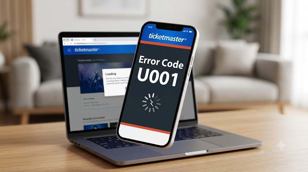 A closeup photograph of a smartphone screen displaying the Ticketmaster Error Code U001 block message against a blurred background of a laptop and living room.