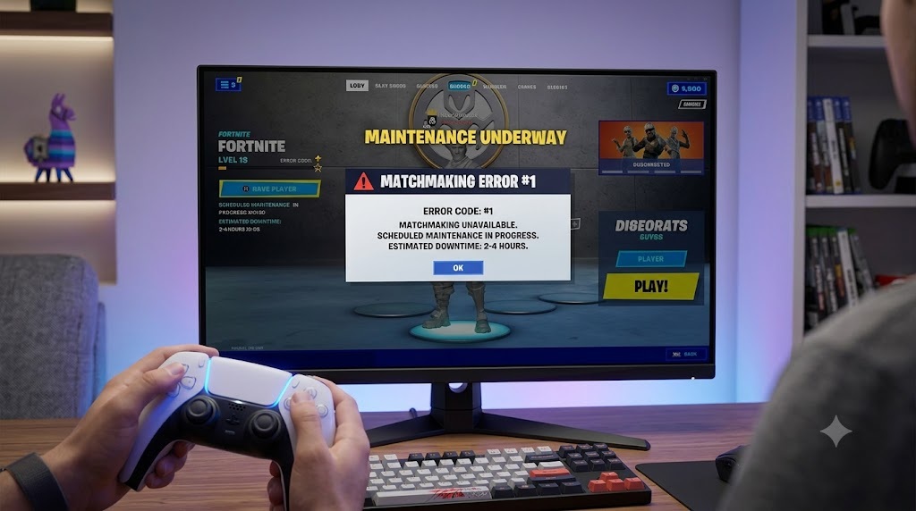 Fortnite Down monitor showing maintenance error #1 and server status screen.