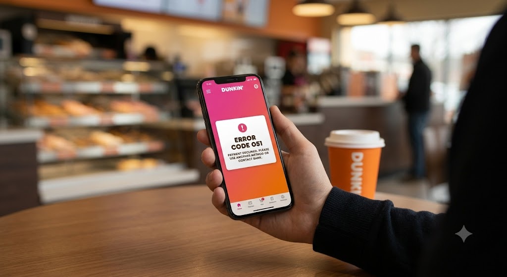 Troubleshooting payment and reload failures like Error Code 051 on the Dunkin' mobile app.