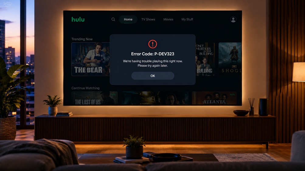 Smart TV screen displaying Hulu Error Code P-DEV323 playback failure message.