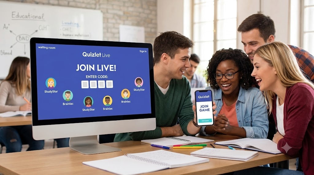 Diverse students excited in a classroom, pointing at a desktop monitor showing the official Quizlet Live game 'JOIN GAME' interface. A smartphone shows the same interface.