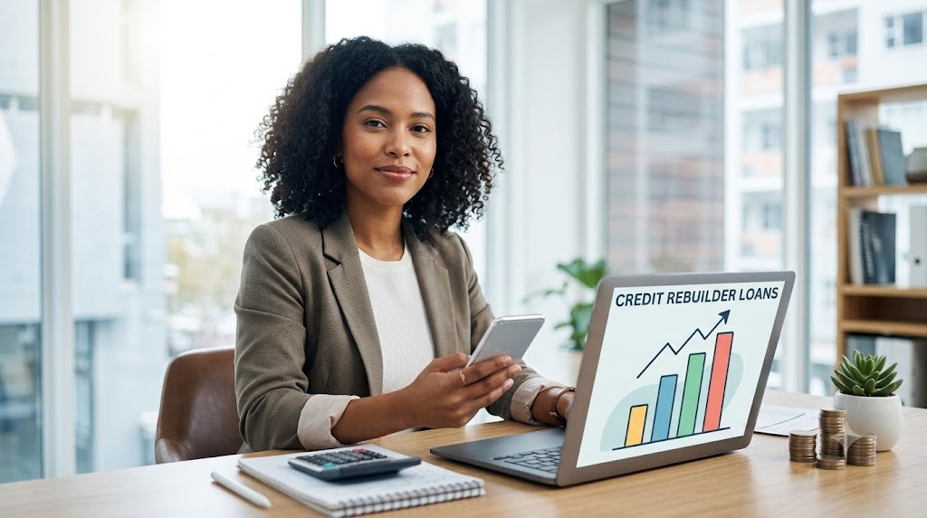 A hopeful woman in a light-filled office looking at a laptop showing a credit rebuilder graph, holding a smartphone.