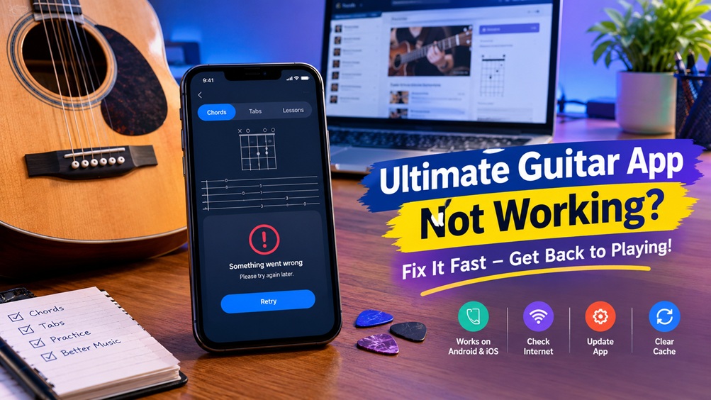 Ultimate Guitar app not working showing an app error with guitar and smartphone
